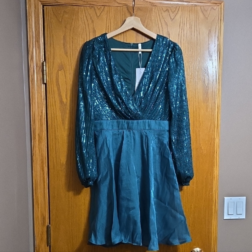 Teal Sequin Long Sleeve Dress